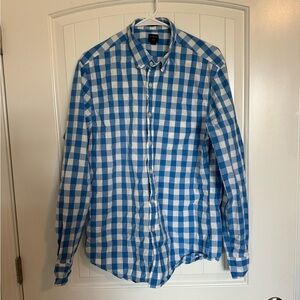 J CREW Factory Blue & White Gingham Button Up Slim Size Large